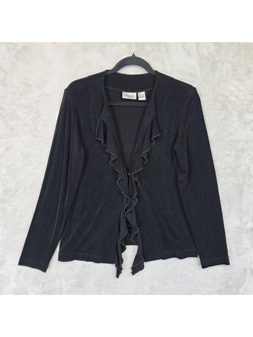 Chico's Top Womens S Black Ruffle Open Front Knit Travelers Cardigan Blouse